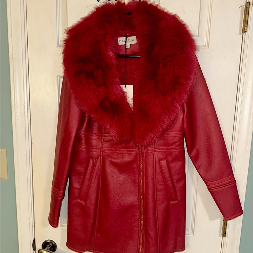 Women's Faux Leather With Faux Fur Collar Coat-Red